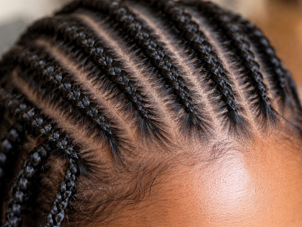 Close-up of braids with visibly tight roots and slight scalp strain along the hairline