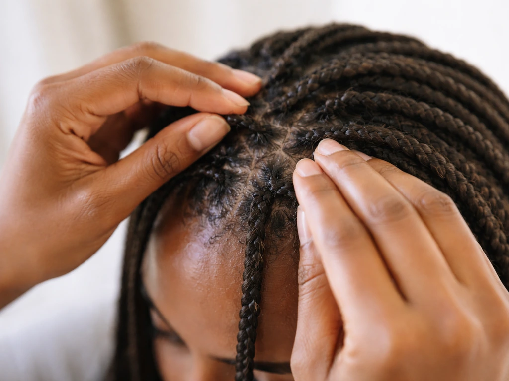 Hands applying detangling oil at the roots while loosening braids in small sections to prevent breakage.