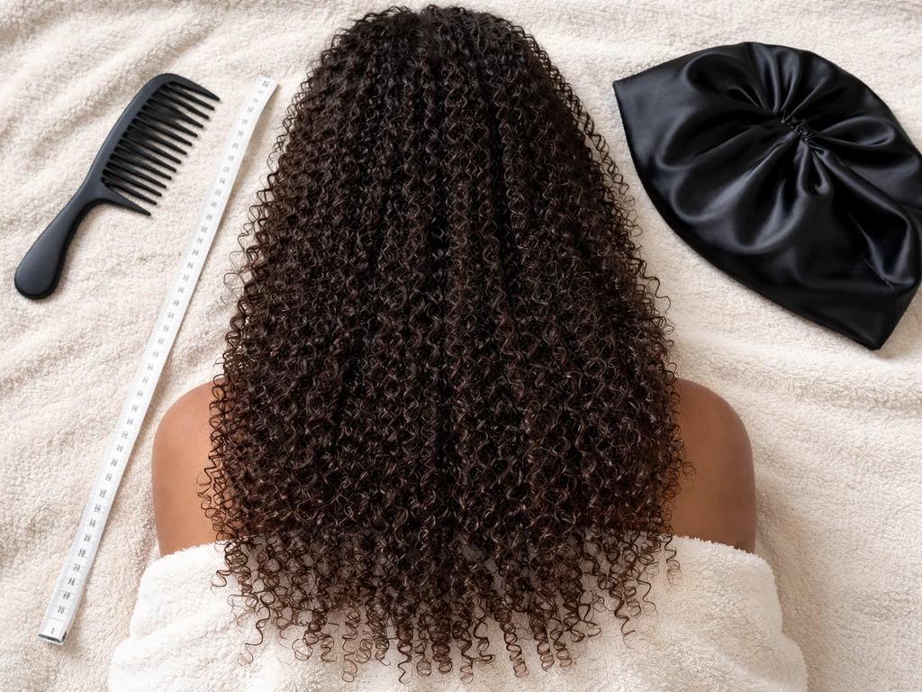 Overhead view of healthy mixed-texture hair stretched out beside detangling comb, satin bonnet, and measuring tape.