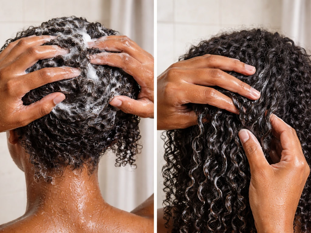 Hands applying low-lather sulfate-free shampoo to a scalp, with conditioner detangling coily hair in shower light.