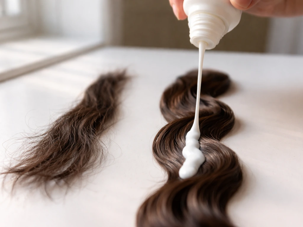 Close-up comparison of dry shrunken hair vs moisturized elastic hair with product applied to one strand.