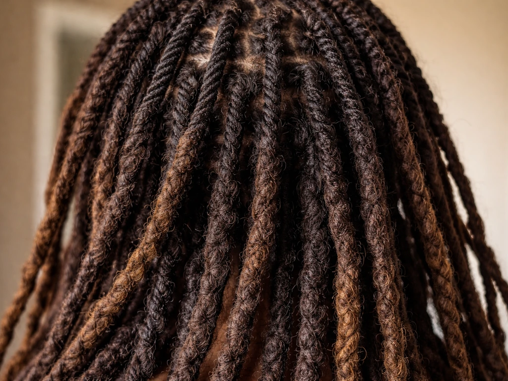 Close-up of mature locs showing two-strand twist beginnings transitioning into established dreads
