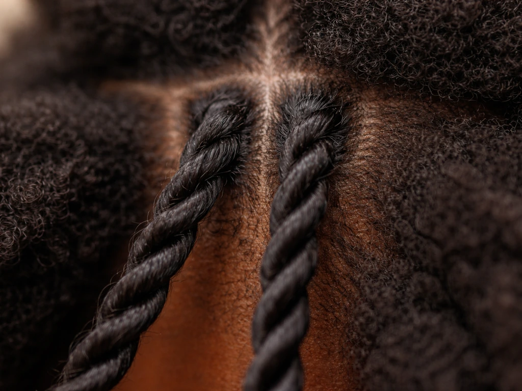 Close-up of freshly sectioned hair showing two-strand twists coiling and interlocking for starter locs.