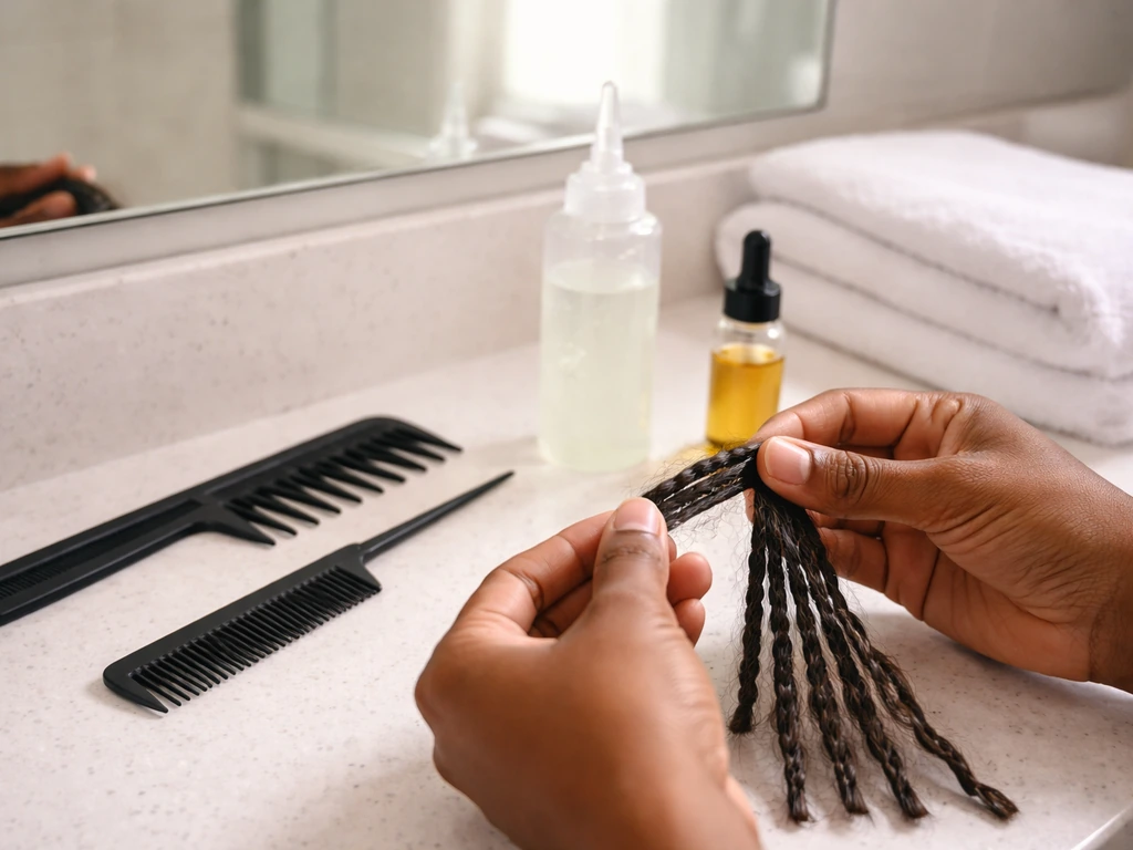Hands holding a small hair section with a clean twisting station: combs, aloe/gel, and light oil on a counter.
