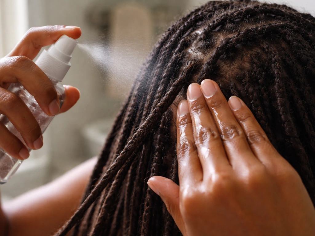Hands mist and smooth aloe gel into locs, then add a tiny drop of light oil for a non-greasy sheen.