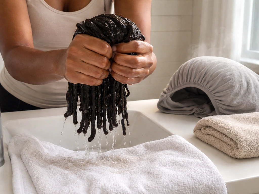 Hands gently squeeze water from sectioned locs on a towel, with towel and warm hooded dryer nearby.