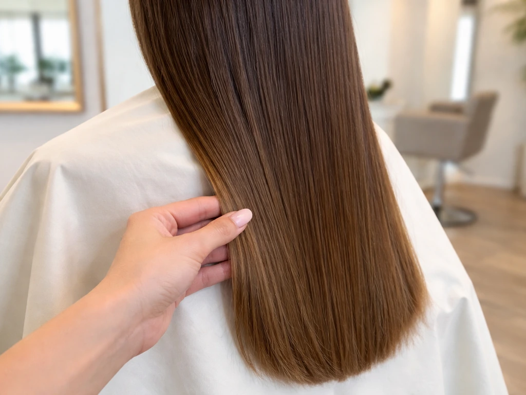 Side profile of long relaxed hair on a salon cape, healthy ends visible with a subtle growth vs length cue.