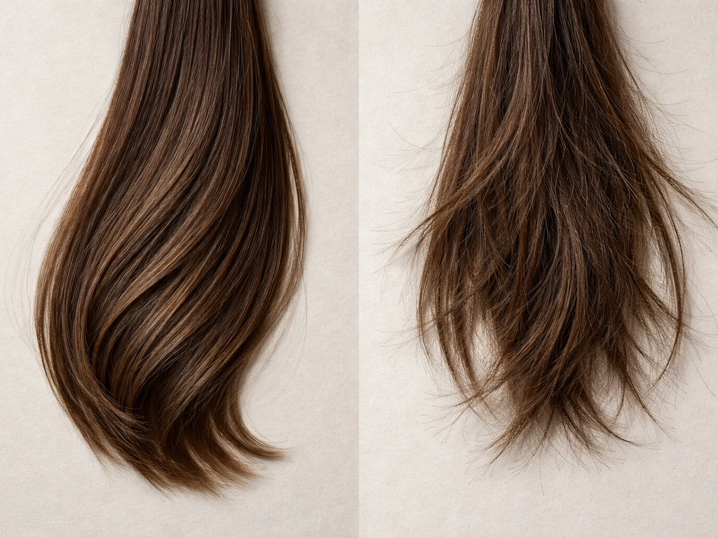 Two close-up hair bundles on a neutral background showing new growth versus breakage and retention loss.