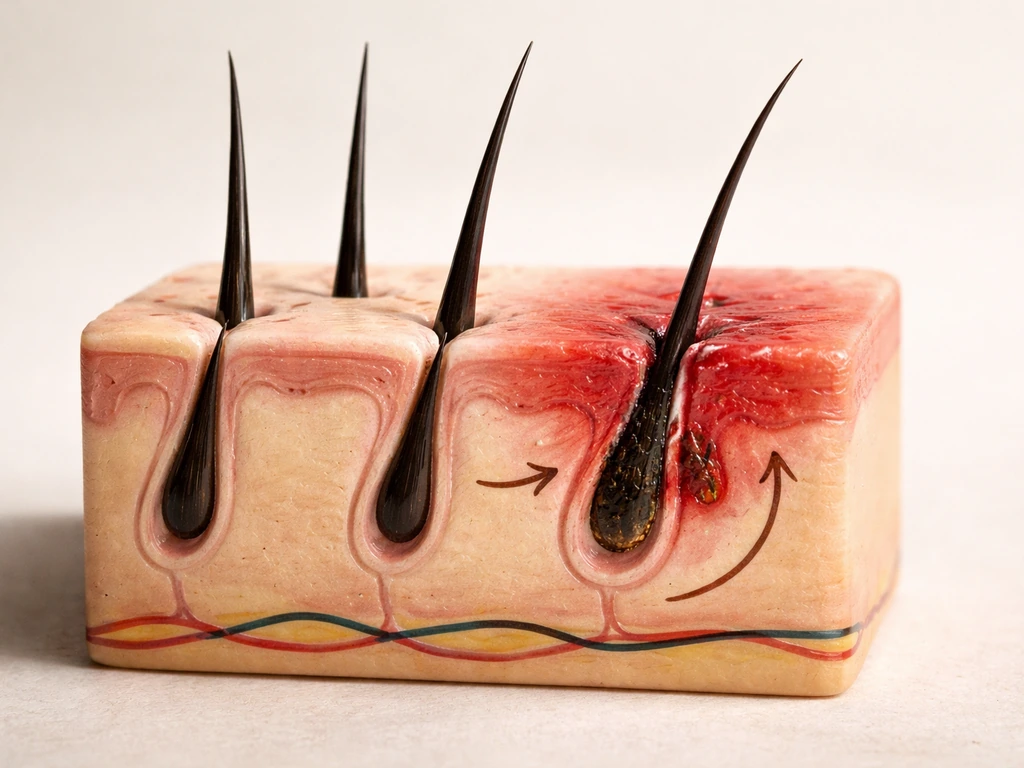 Macro view of a scalp model with healthy follicles beside inflamed clogged follicles marked by arrows.