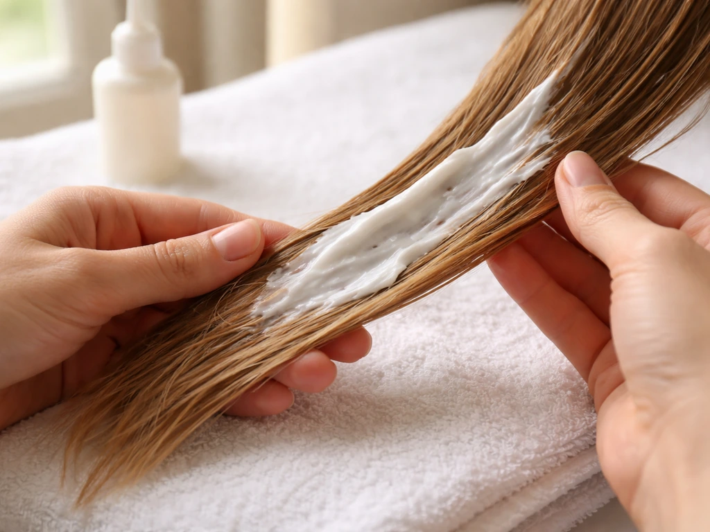 Close-up of hands applying creamy protein and moisturizing treatment to a strand of relaxed hair.