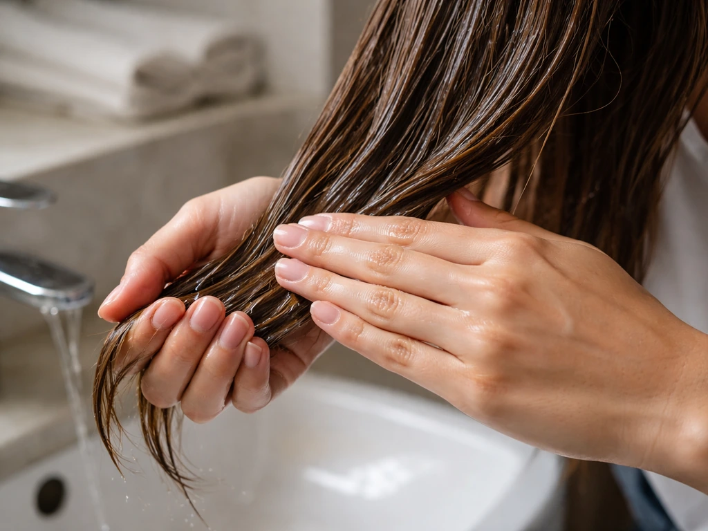 Person applying oil pre-poo to dry hair in sections during weekly wash routine.