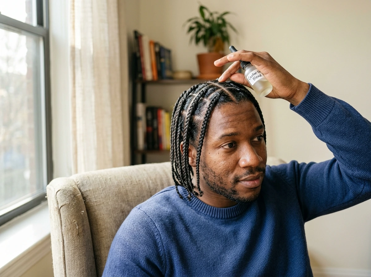 Braided Black men haircare scene showing protective style for growth