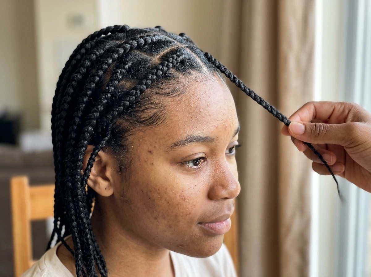 Braided natural black hair with careful parting and visible healthy scalp as the focus
