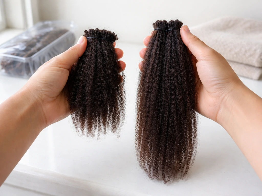 Anonymous hair swatches on a bathroom counter showing shorter vs longer hair after removing crochet braids
