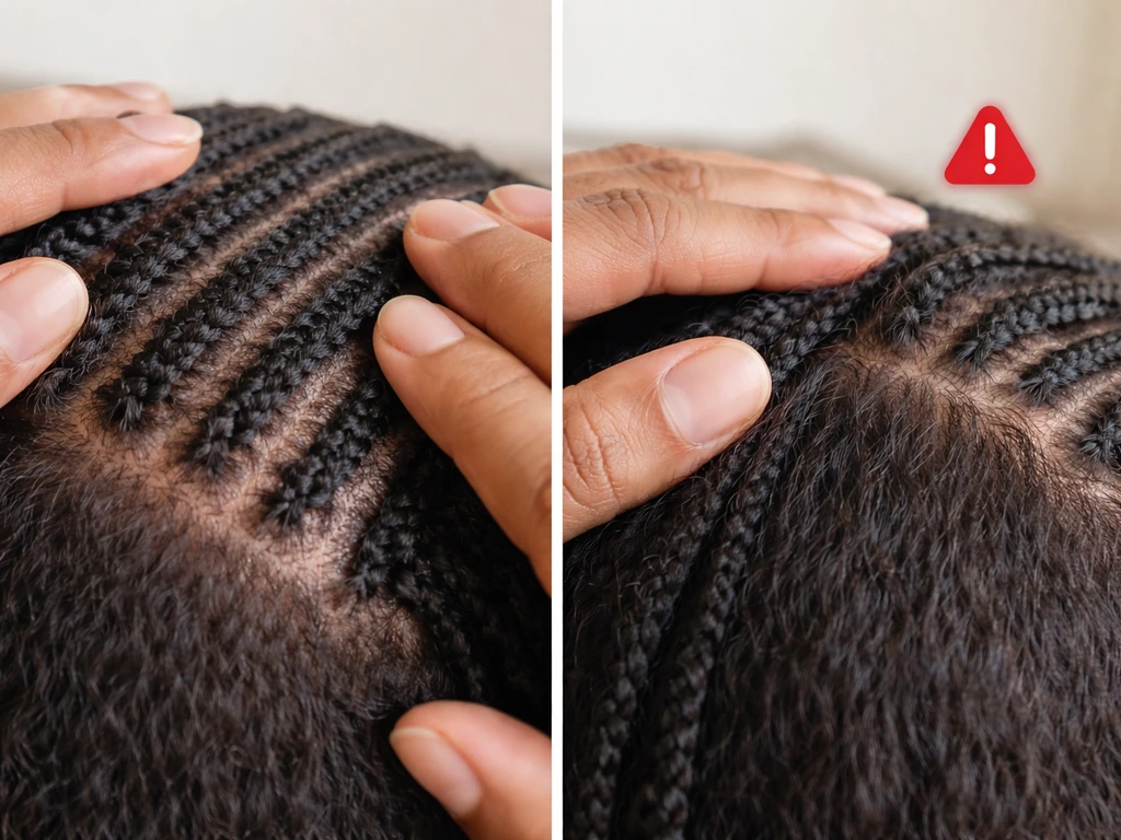 Close-up of a crochet foundation cornrow base lying flat and a person’s hand checking comfort