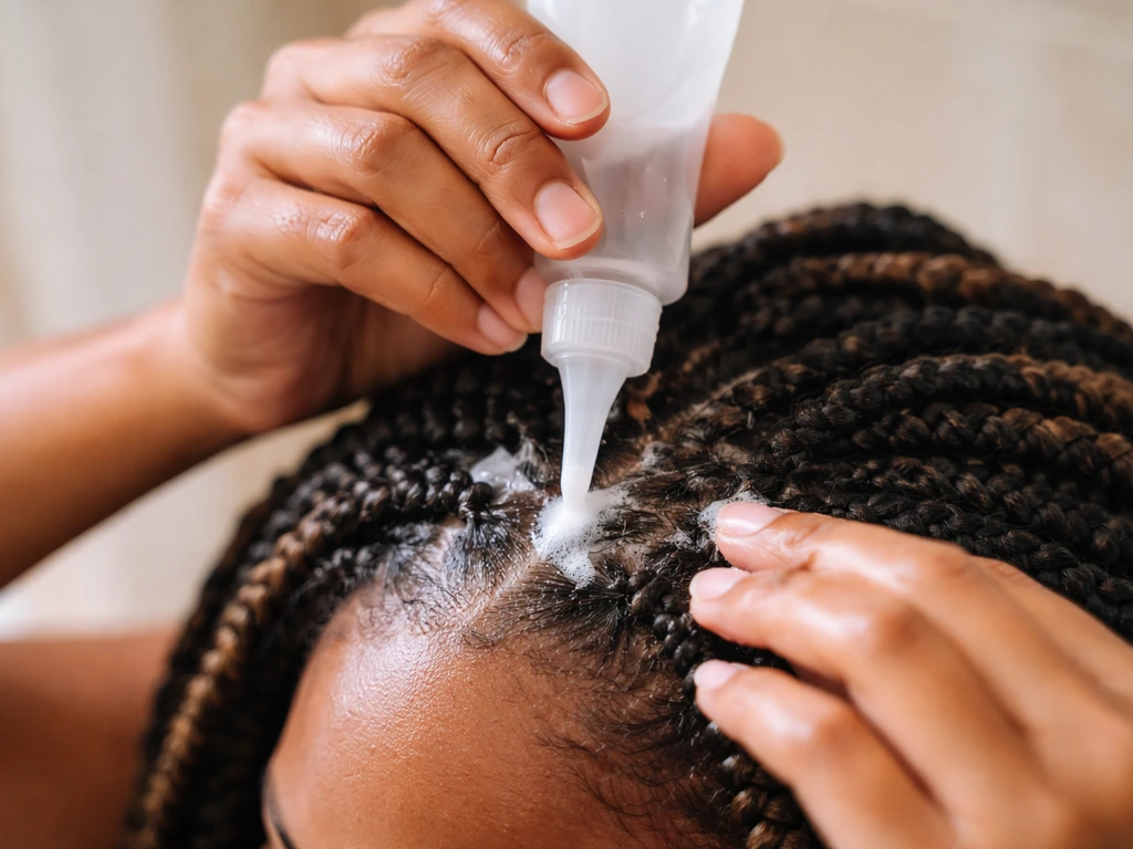 Hands using an applicator bottle to cleanse the scalp under crochet braids in soft natural light.