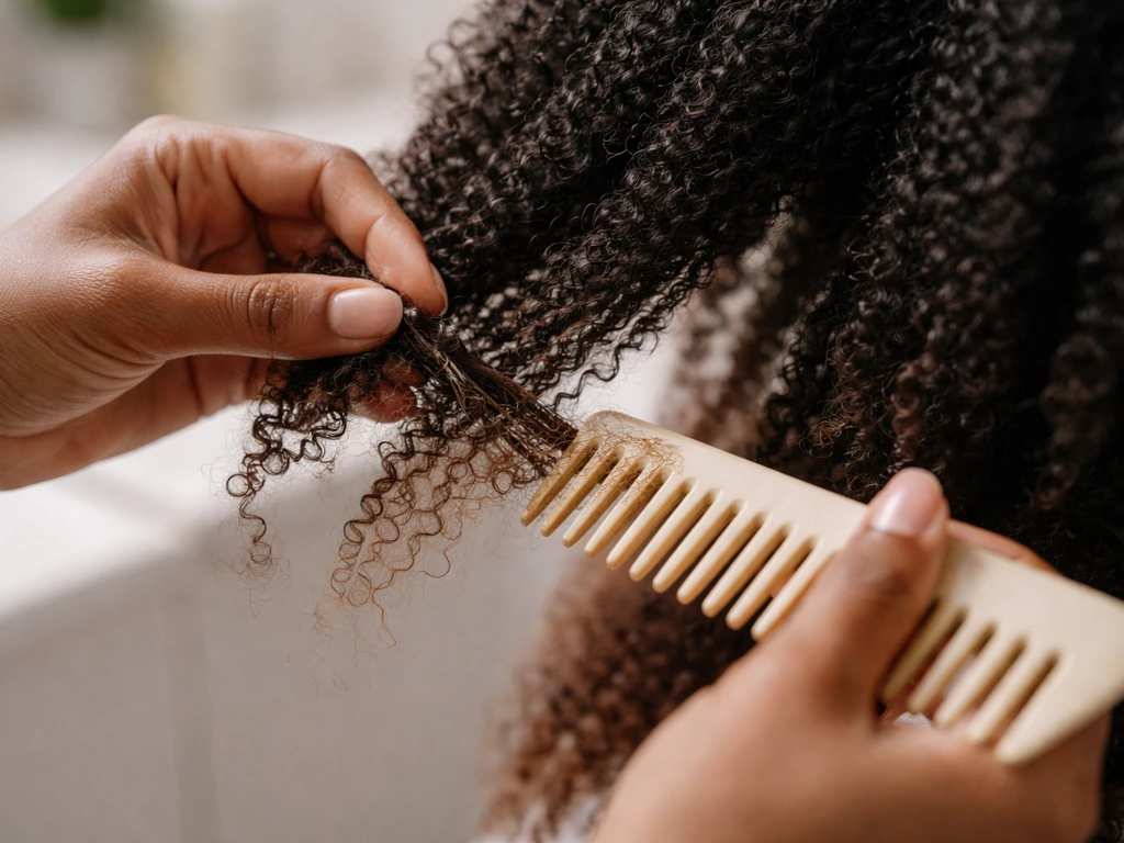 Close-up of hands detangling textured hair with fingers, then a wide-tooth comb through the ends