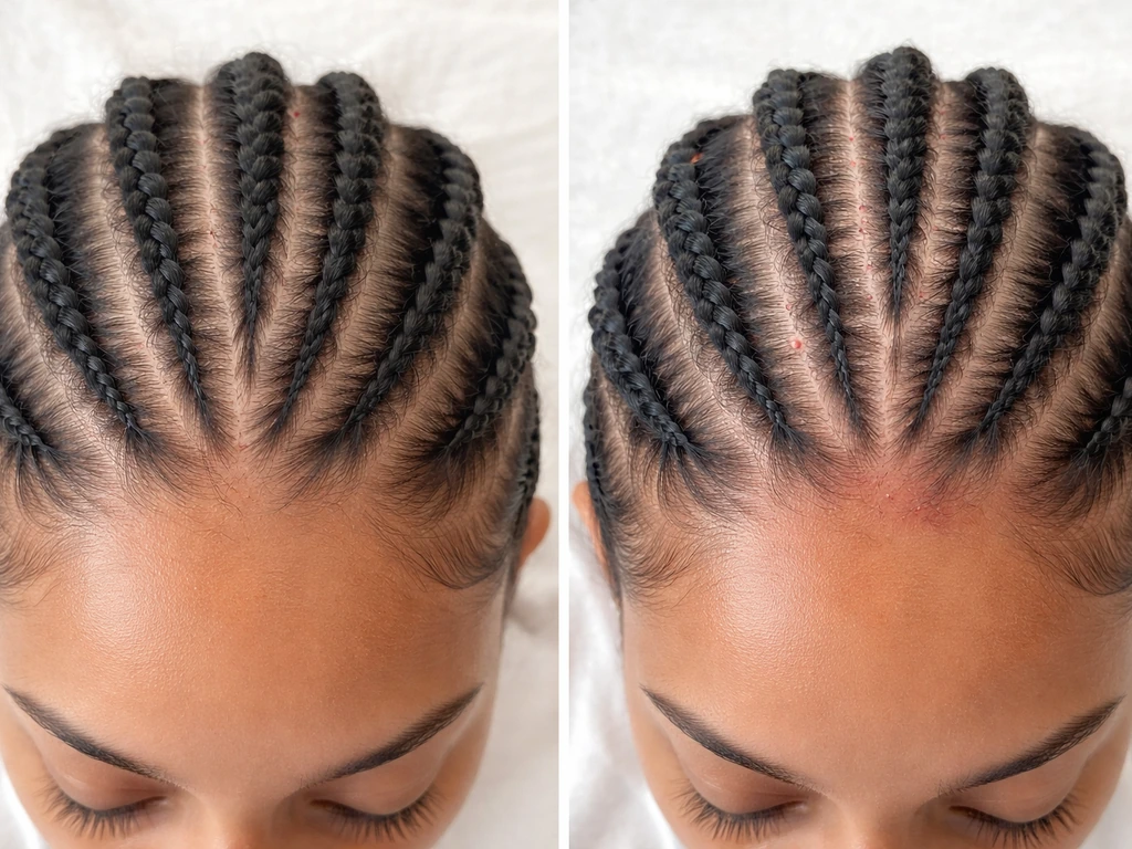 Side-by-side scalp views: correct braid installation with smooth parts vs overly tight braids with irritation bumps