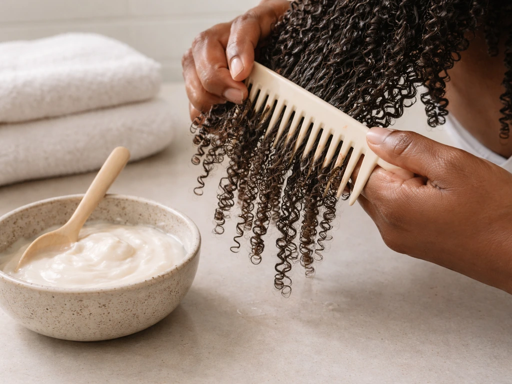 Hands gently detangle coily hair with a wide-tooth comb and conditioner bowl in natural light.