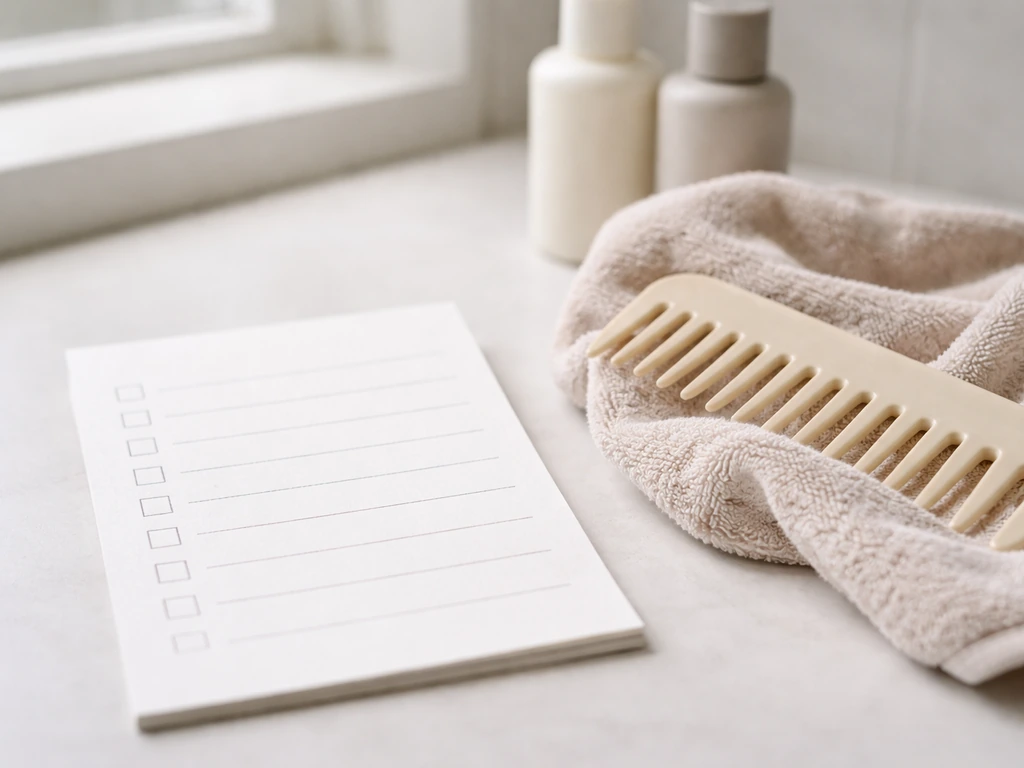 Hair care product ingredient label checklist beside curl tools on a bathroom counter