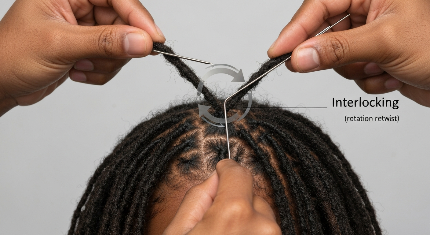 Close-up of hands using an interlocking tool to pull a dreadlock tip through its root, showing the rotational technique at the scalp.