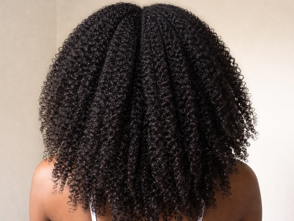 Close-up of afro-textured hair gently stretched, highlighting curl texture and realistic long-length potential.