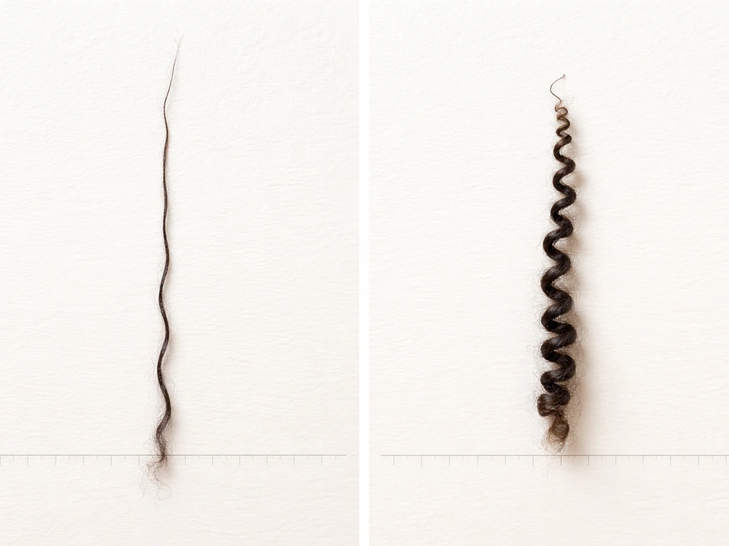 Macro side-by-side of one afro hair strand stretched versus tightly coiled, showing shrinkage.