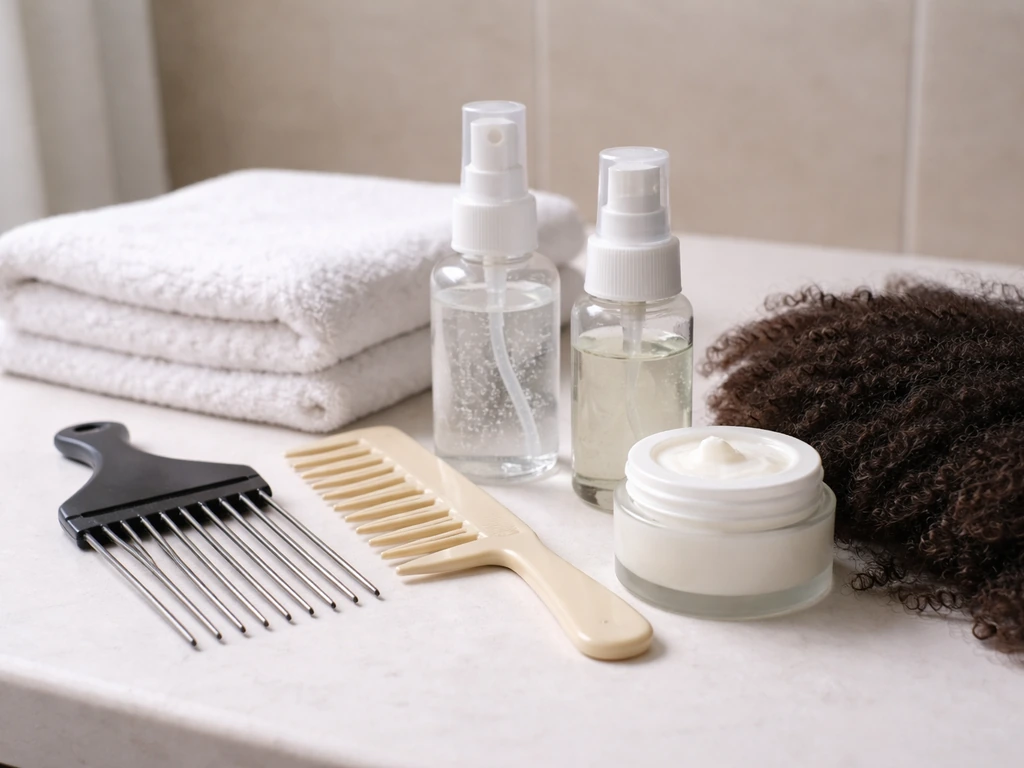 Close-up of a simple hair-care setup on a bathroom counter for afro hair moisture, detangling, and sealing.