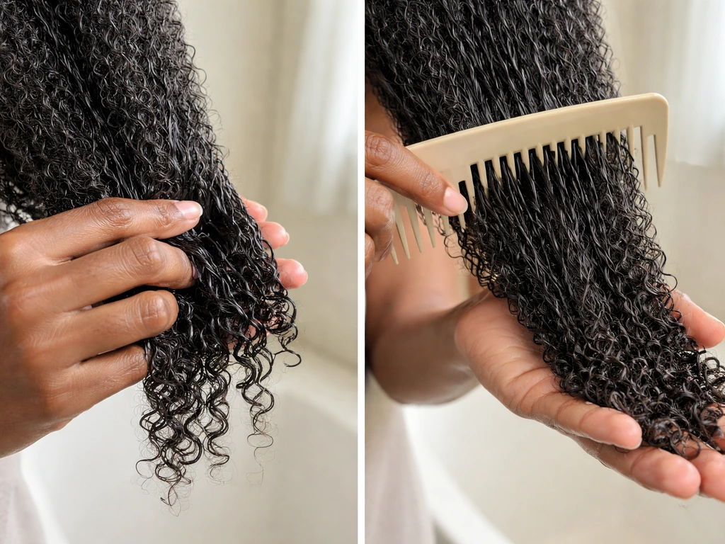 Hands detangling wet afro-textured hair: fingers separate curls first, then a wide-tooth comb glides through ends.