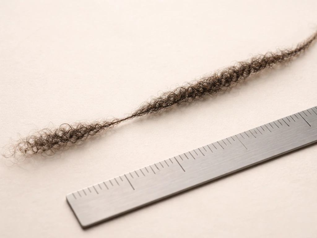 Minimal close-up of a stretched lock of textured hair with a ruler showing short before-and-after length.