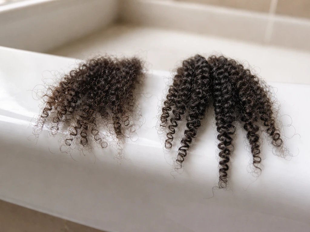 Close-up of coily hair showing damaged frayed ends beside intact coils to illustrate breakage causing slow-looking growt