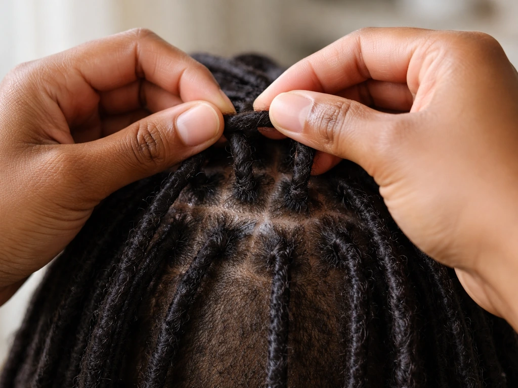 Hands separating and retwisting dreadlocks, showing clean root sections and product buildup control.