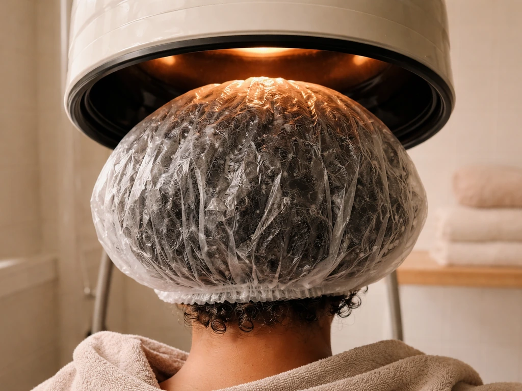Textured hair being deep conditioned under a clear plastic cap with gentle warmth in a calm bathroom setting.