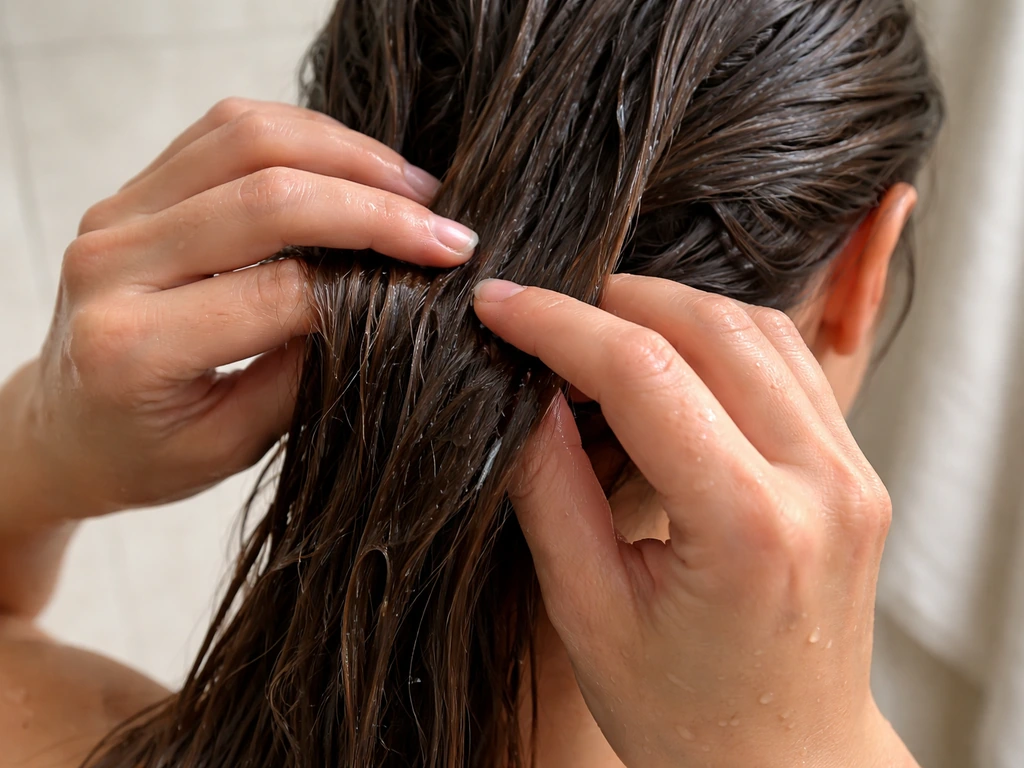 Close-up of damp, sectioned hair being detangled with fingers and conditioner slip from ends to roots.
