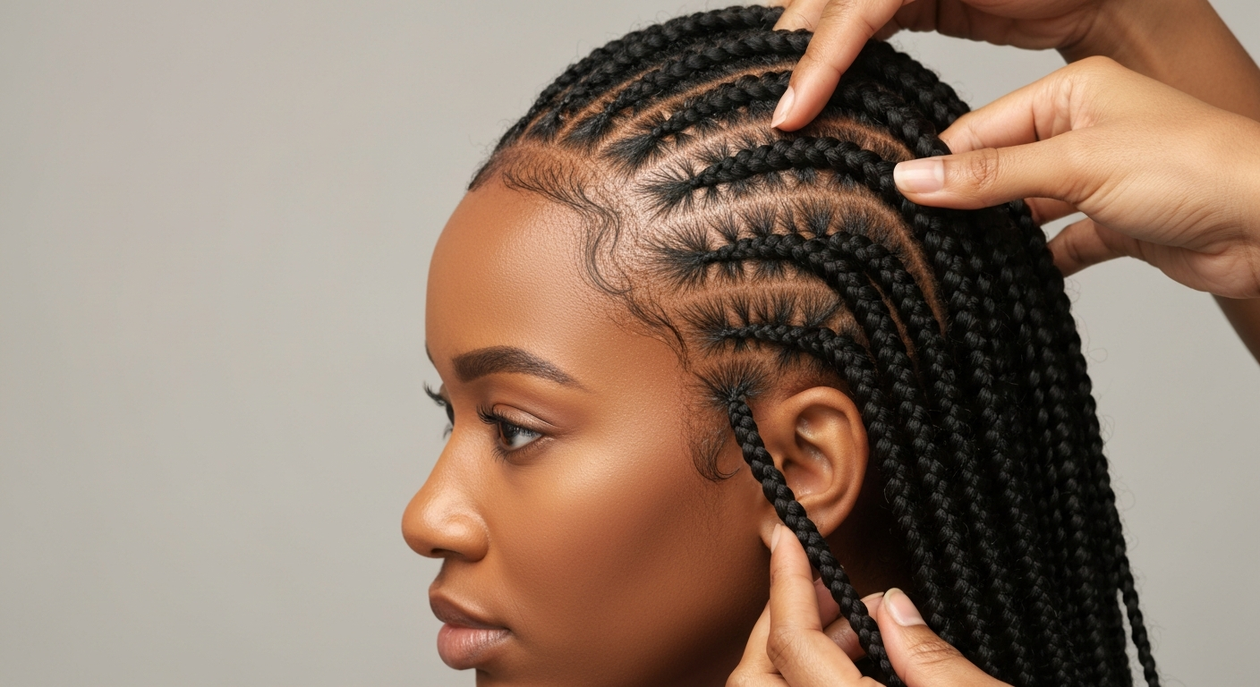 Close-up view of a Black woman’s scalp and mid-length crochet braids showing a neat cornrow base, left-out perimeter hair, and a stylist’s hands checking low-tension loops.