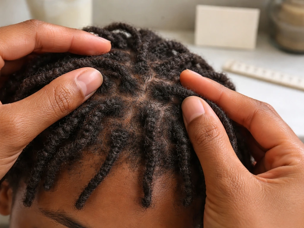 Close-up of two hands parting short starter locs beside a soft natural-light hair growth milestone on a blank background
