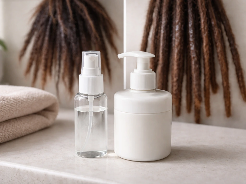 Two hair products on a bathroom counter with damp scalp strands and sealed loc-like strands showing application order.