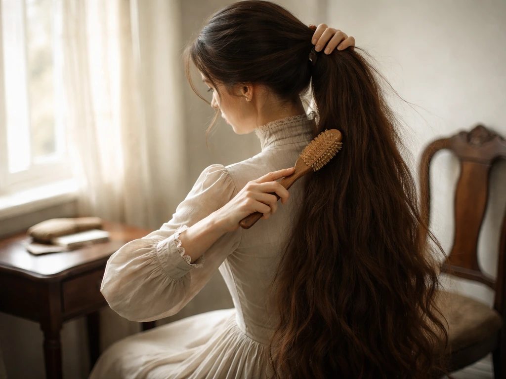 Victorian woman brushing and gathering her long hair by a window in soft natural light.