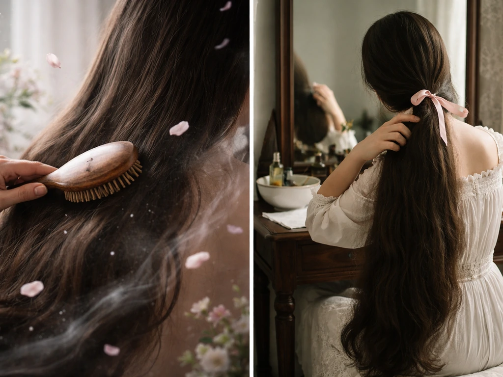 Split scene: myth side shows 100-strokes brush fantasy; reality side shows a Victorian woman’s hair care routine.