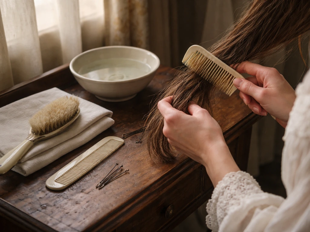 Hands carefully detangling hair with a Victorian comb and brush beside a folded towel and water bowl.