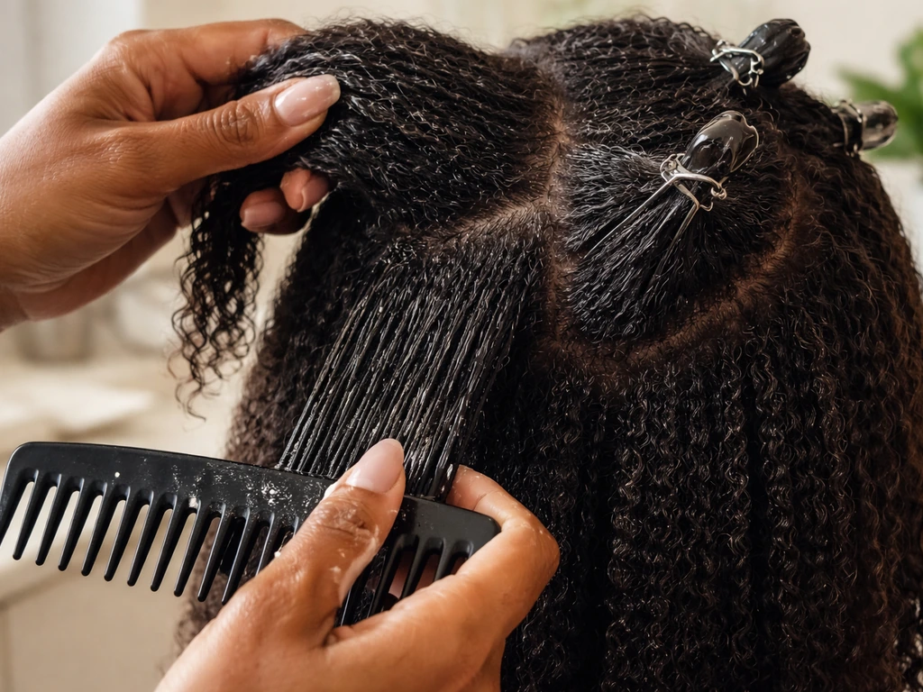 Closeup of a person gently detangling textured Black hair with a wide-tooth comb and sectioning clips.