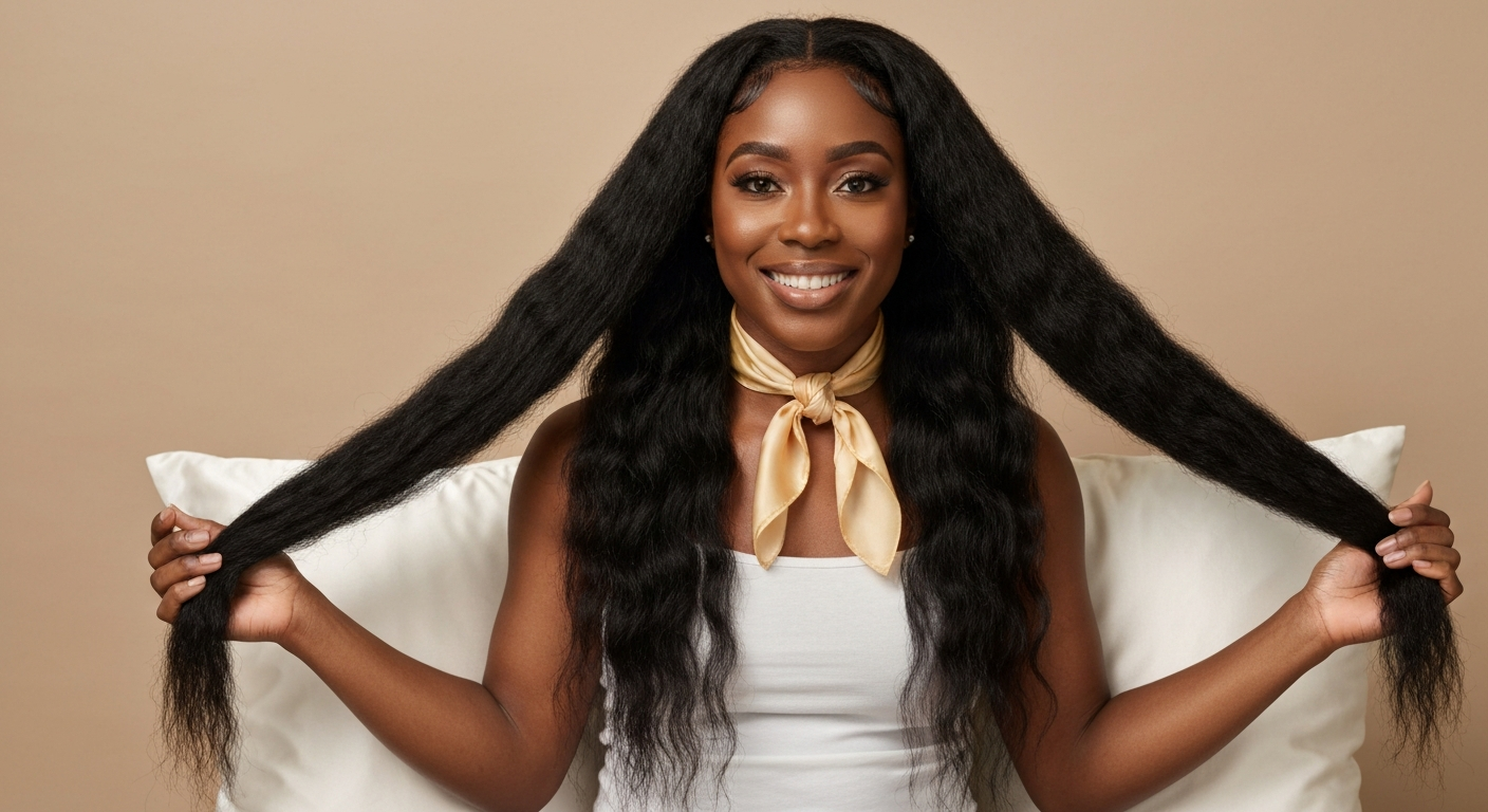 Photorealistic portrait of a Black person with long, healthy relaxed hair sitting on a satin pillow, gently holding their hair to show length and shine.