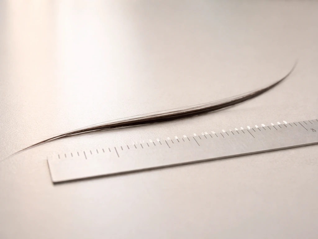 Minimal close-up of a single strand of hair beside a small ruler, with a soft blurred timeline effect