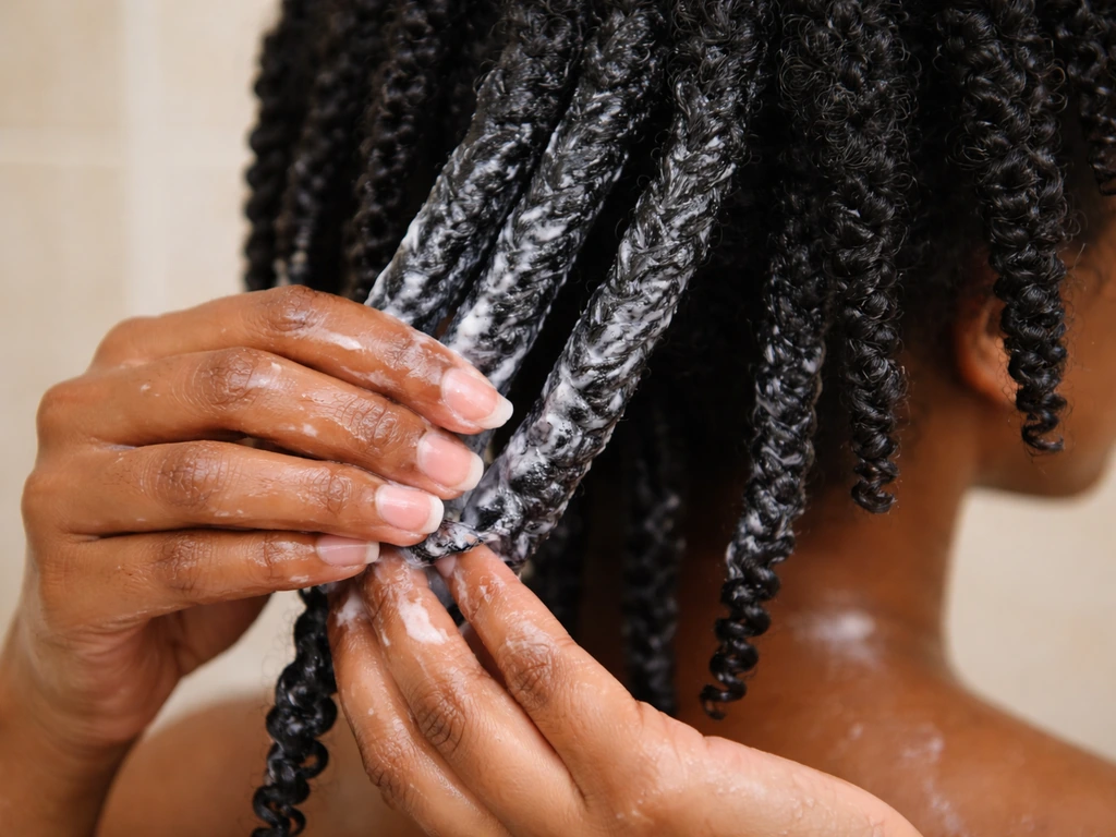 Hands smoothing deep conditioner into sectioned coily hair strands for thorough moisture