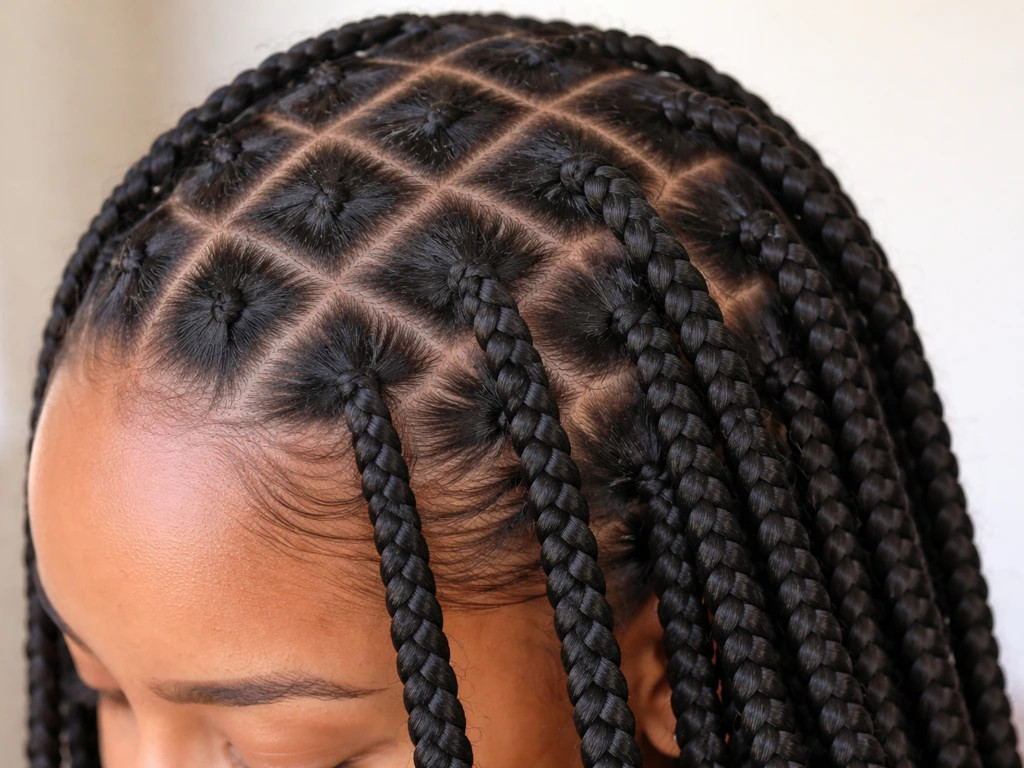 Close-up of neatly installed box braids with comfortable spacing, showing healthy scalp and reduced tension