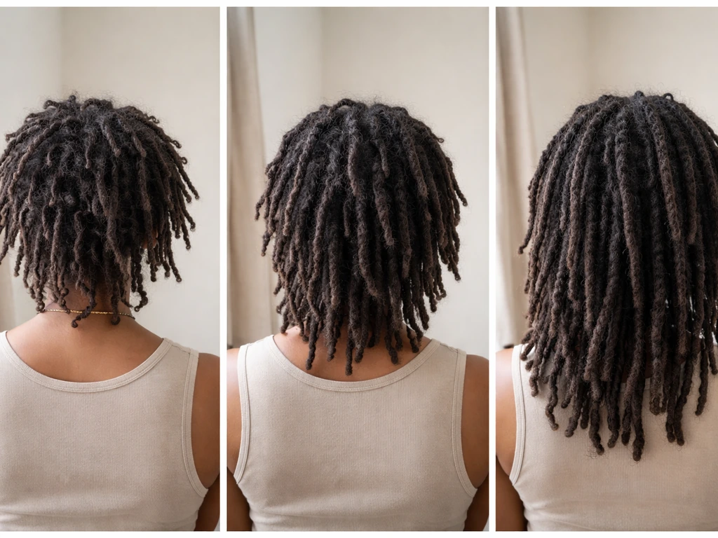 Three-panel before-and-after collage of freeform dreadlocks progressing from early coils to mature locs.