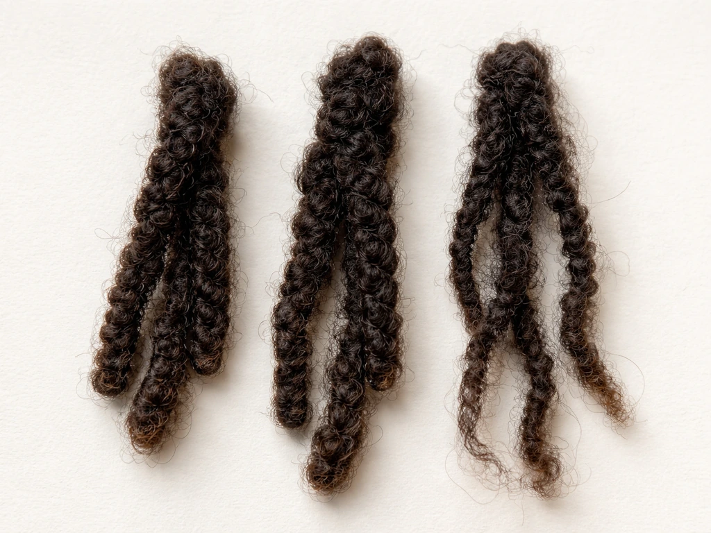 Close-up of three hair sections showing different coil patterns and densities for dread formation.