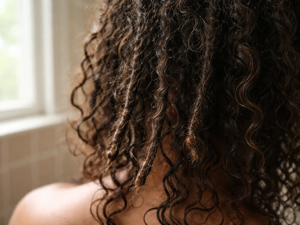 Close-up of natural curly hair with early clustering and small budding knots at the starter stage.