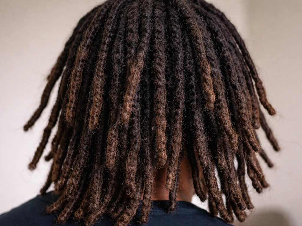 Close-up of natural locs showing uneven, partially tightened sections with softer mid-length texture.