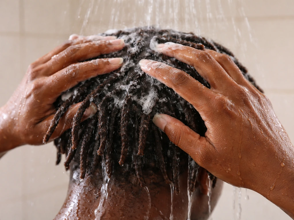 Hands rinsing short locs under a shower stream, suds washing away on clean tile background